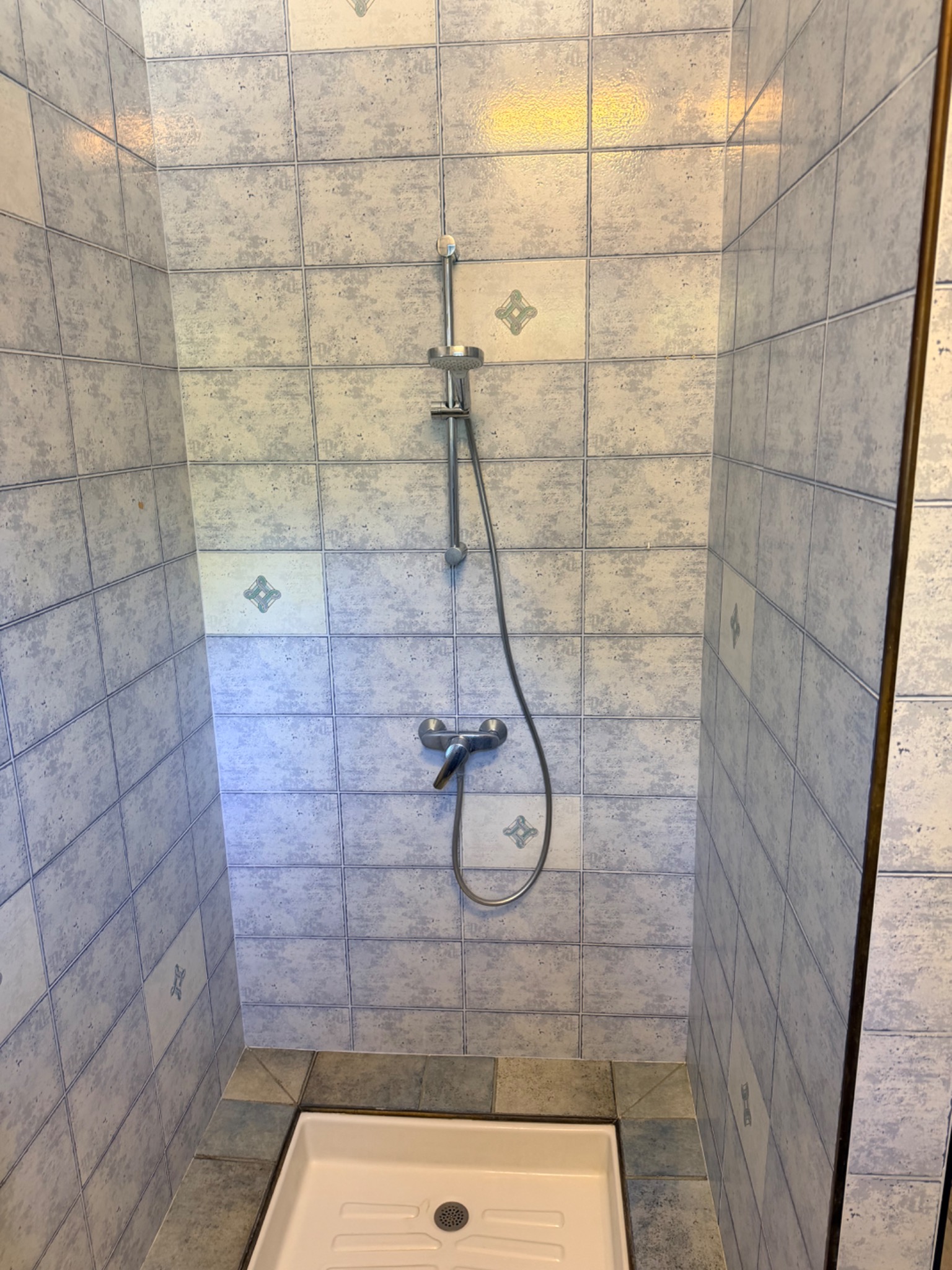 Douche de la salle de bain aux carreaux bleus
